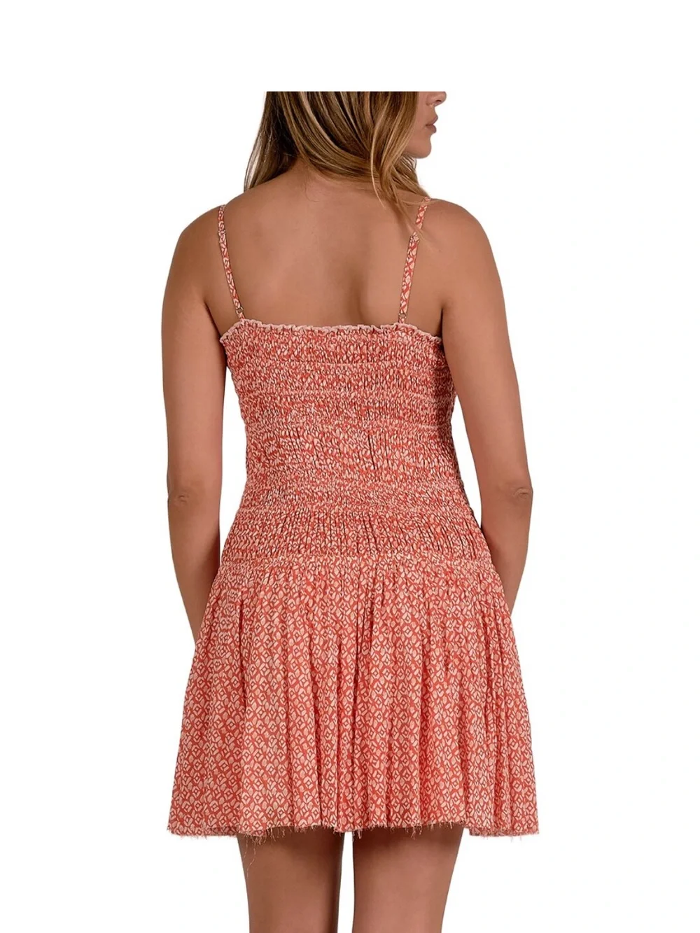 Elan Coral Printed Smocked Spaghetti-Strap Mini Dress